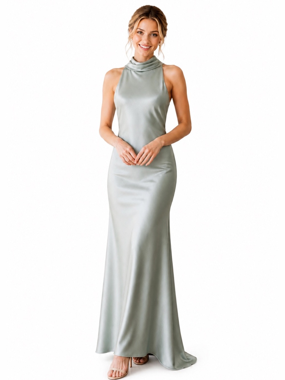 Aqua by Bloomingdale’s Sage Green Satin Halter Maxi Gown Formal Dress Size 4